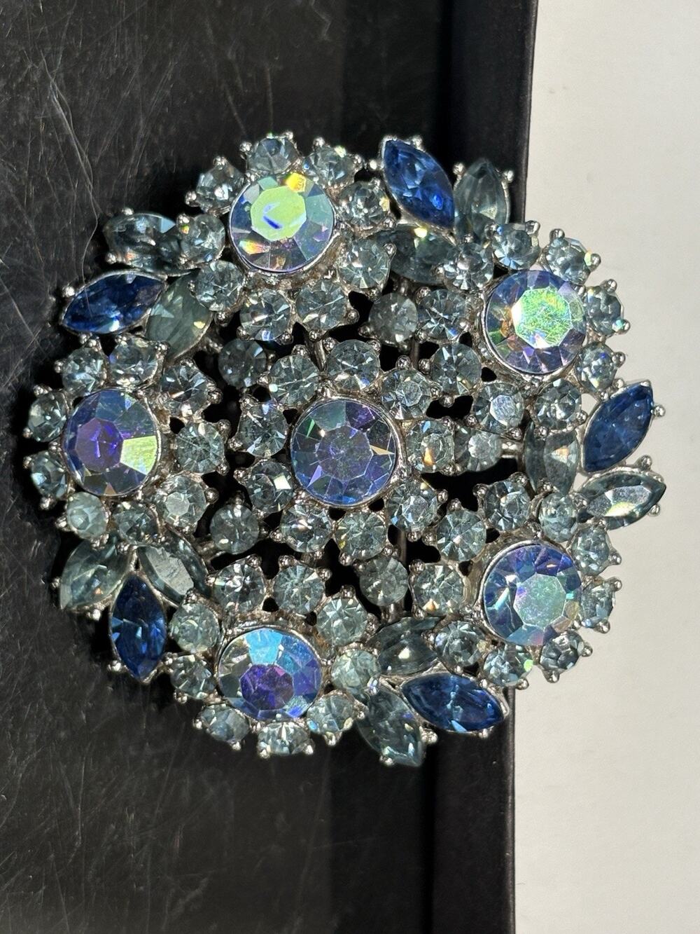 TRIFARI Layered Shades of Blue & AB Rhinestone Brooch Signed Vintage Pin
